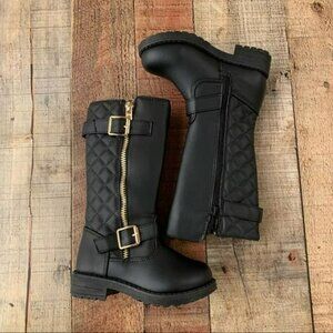 Just Fab Kids quilted tall moto biker boots with gold buckle accents in black -6